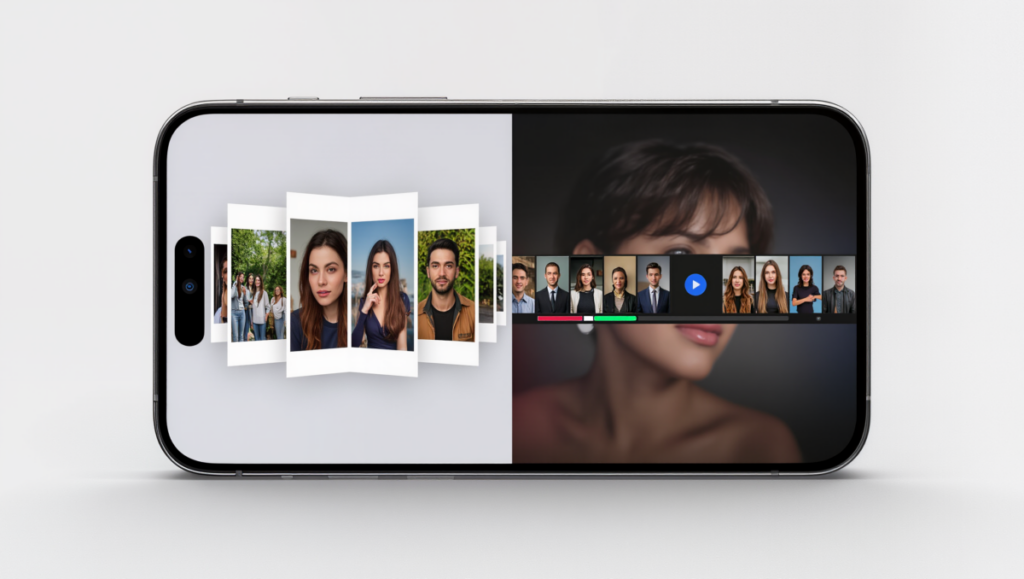 사진을 선별하며 영상으로 정리하는 과정을 표현한 이미지입니다