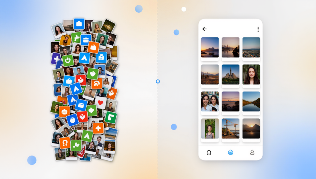 사진정리는 언제 시작해야 할지 고민하며 사진을 정리하는 과정을 표현한 이미지