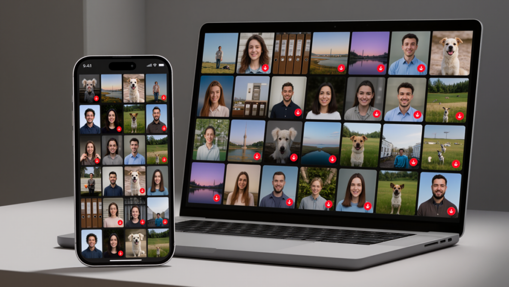 사진정리를 미루면서 사진이 뒤섞이고 관리가 어려워지는 상황을 설명하는 이미지