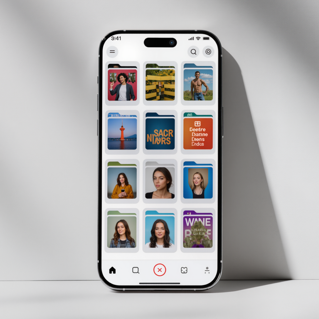 스마트폰 화면에서 디지털 사진이 앨범별로 정리되어 있는 모습