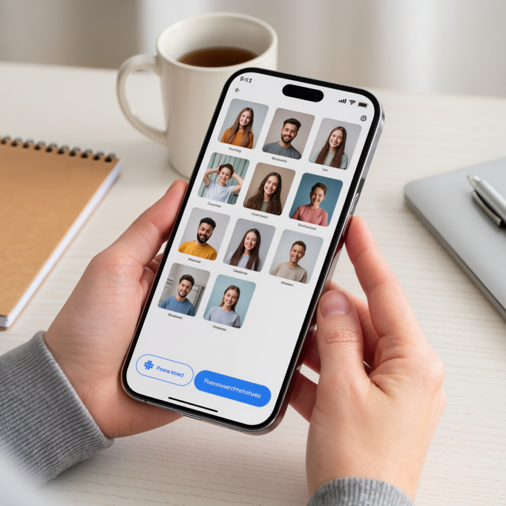 아이의 성장 사진을 스마트폰에서 정리하고 있는 모습