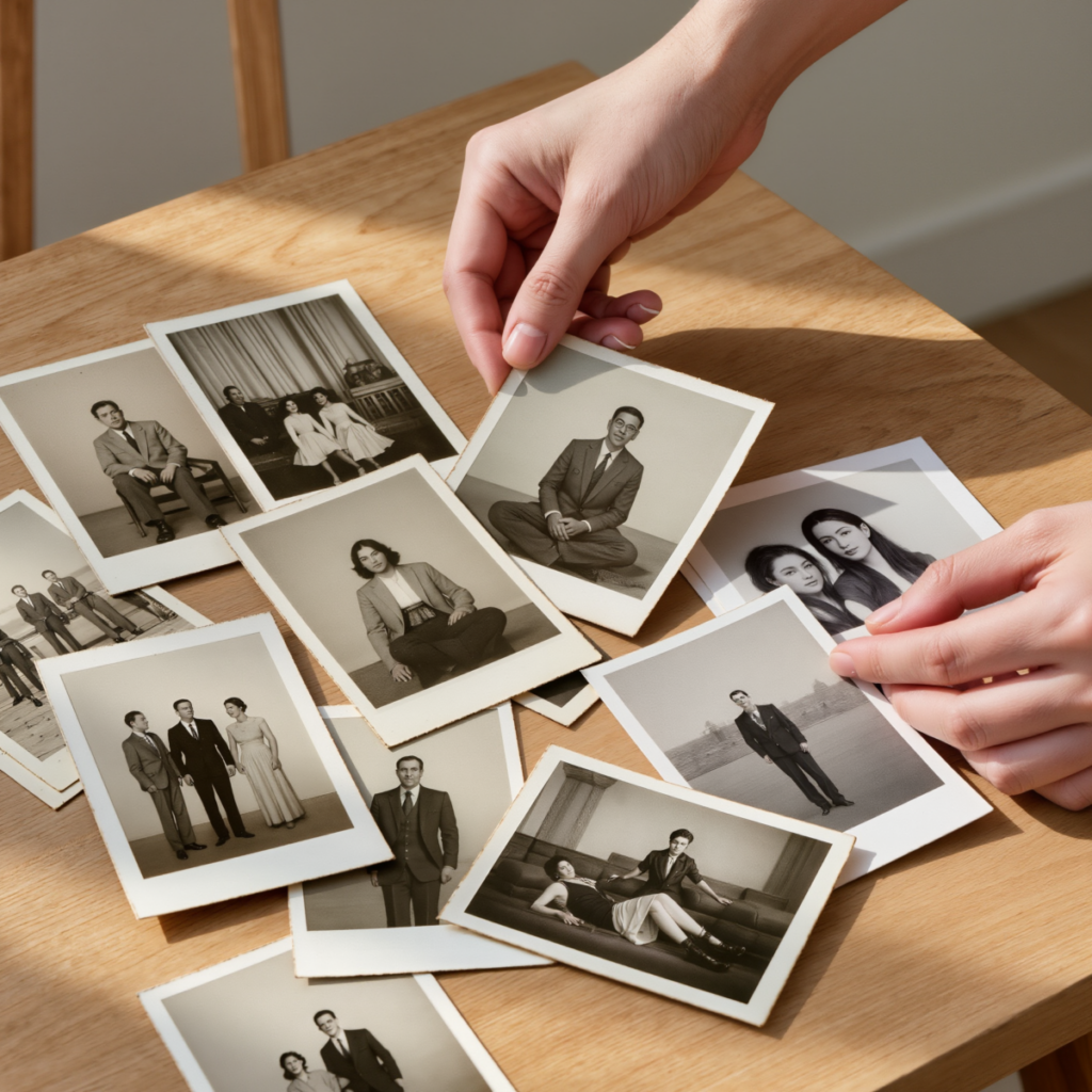 테이블 위에서 오래된 종이 사진을 하나씩 정리하고 있는 모습
