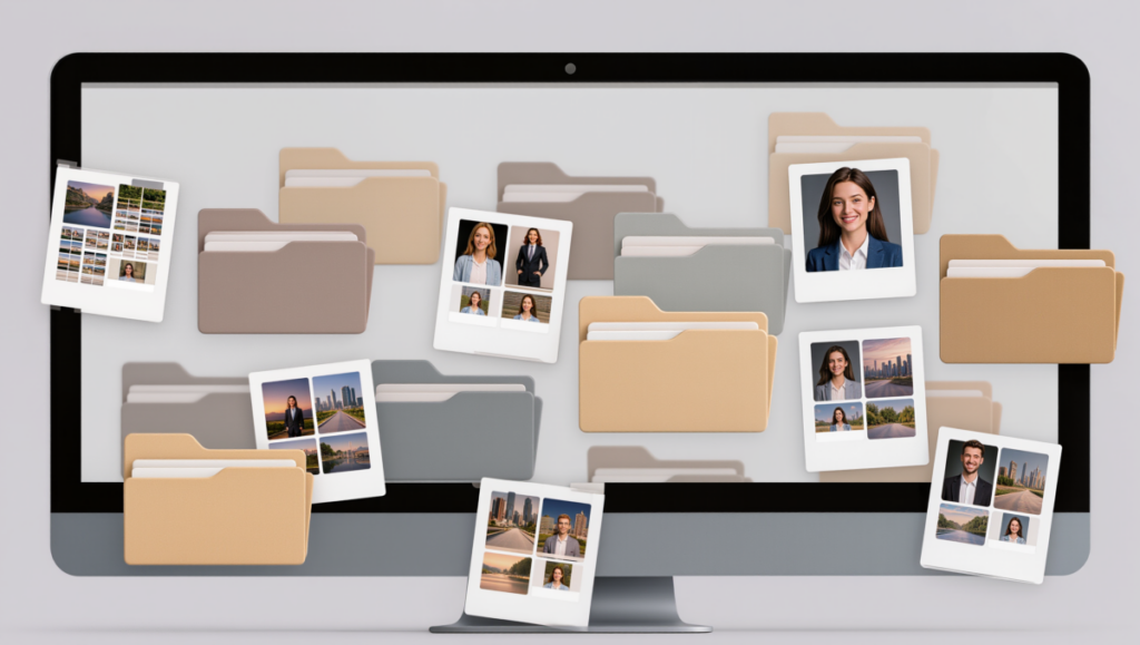 정리 기준 없이 쌓인 사진 기록이 혼란을 주는 상황을 나타낸 이미지입니다.