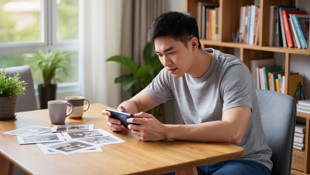 스마트폰에 쌓인 사진 기록이 부담으로 느껴지는 모습을 보여주는 이미지입니다.
