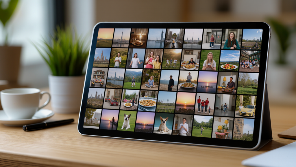 정리되지 않은 사진 기록이 주는 부담감을 표현한 이미지입니다