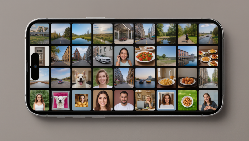 사진을 삭제하기 전 망설이는 심리적 순간을 보여 주는 이미지입니다