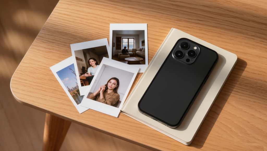 사진과 기록을 함께 관리하며 기억을 정리하는 방식을 나타낸 이미지입니다