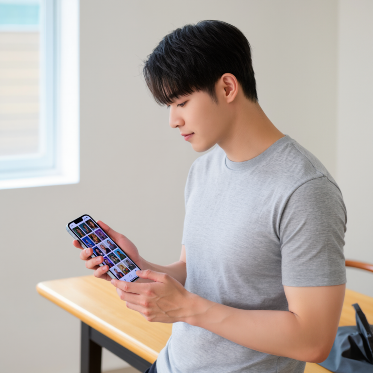 사진을 삭제하기 전 망설이는 심리적 순간을 보여 주는 이미지입니다