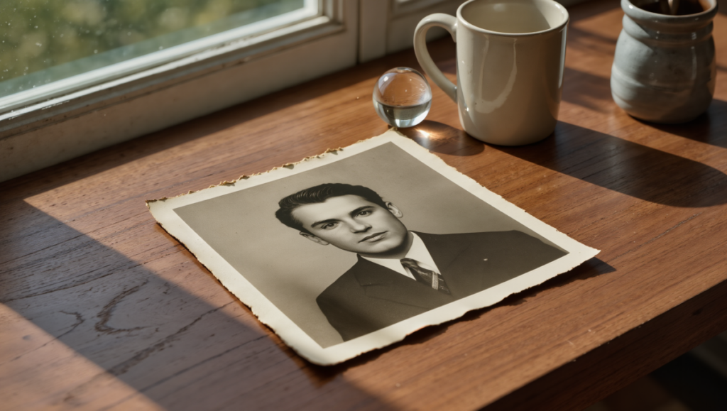 사진이 시간이 흐른 뒤 과거의 장면을 다시 바라보는 상황을 표현한 이미지입니다