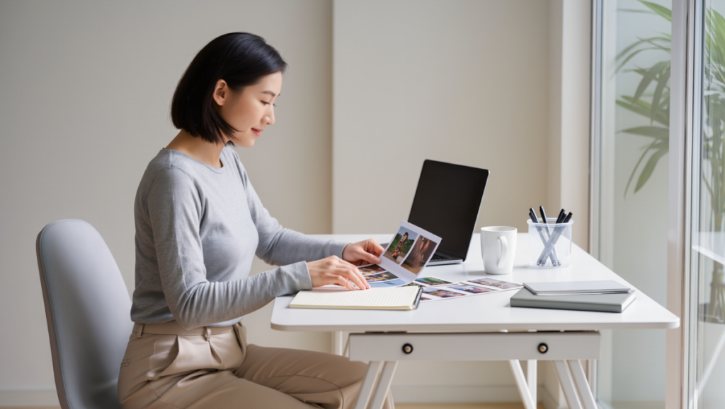 일상 속 추억을 정리하며 기록으로 남기는 모습을 보여 주는 이미지입니다