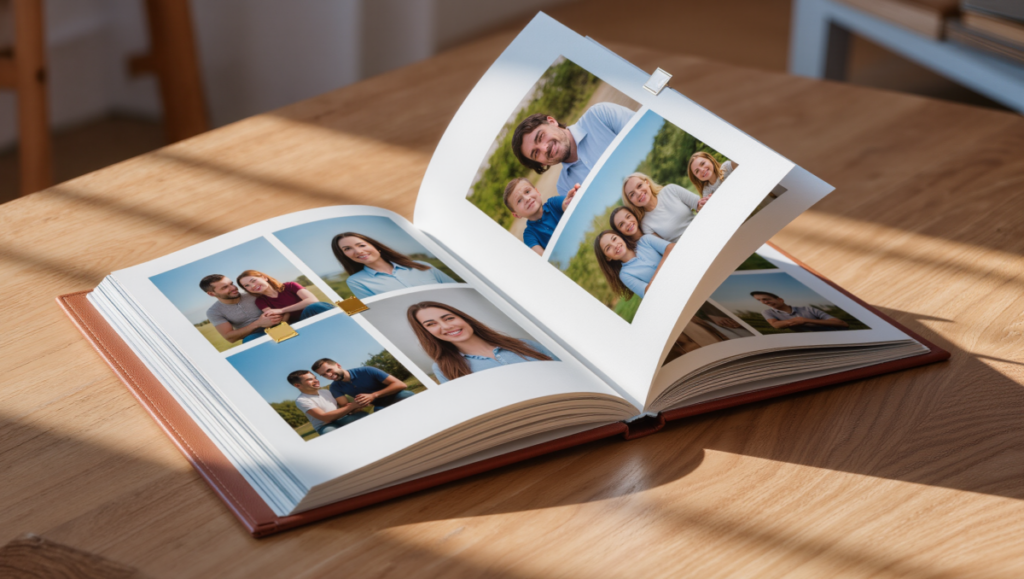 정리된 사진 기록이 기억을 선명하게 유지하는 모습을 보여주는 이미지입니다.