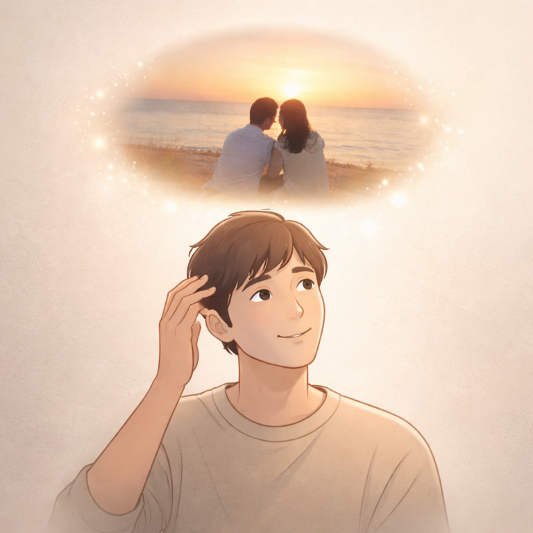 과거의 기억을 떠올리는 사람과 머리 위에 떠오른 빛나는 추억 장면 일러스트