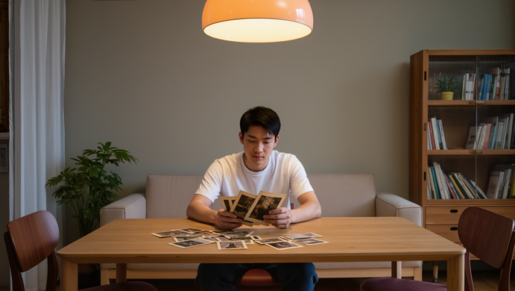 오래된 사진을 보며 기억을 떠올리는 과정을 표현한 이미지입니다.