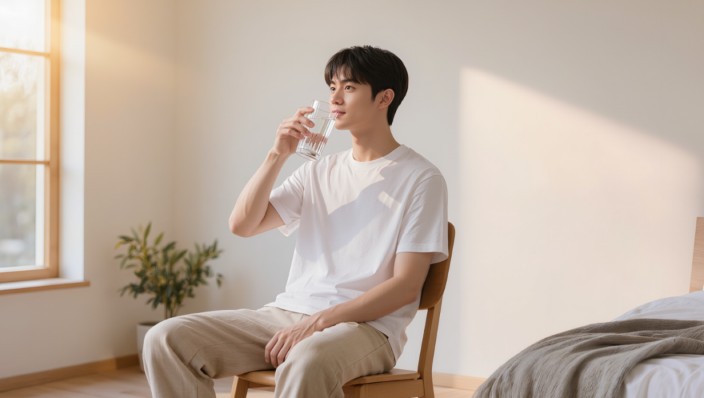 아침에 가벼운 스트레칭을 하며 하루를 시작하는 건강 루틴 장면입니다.