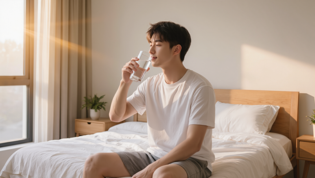 아침에 가벼운 스트레칭을 하며 하루를 시작하는 건강 루틴 장면입니다.