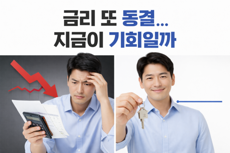 한국은행 기준금리 동결로 대출금리와 부동산 시장 변화를 고민하는 한국인 모습