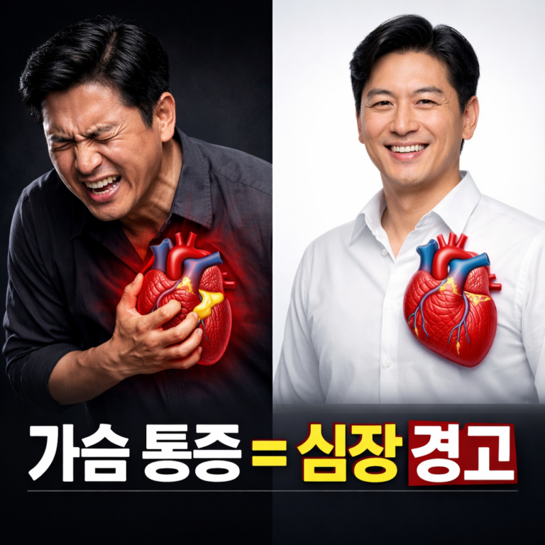 심근경색 초기 증상 가슴 통증과 정상 상태 비교 이미지