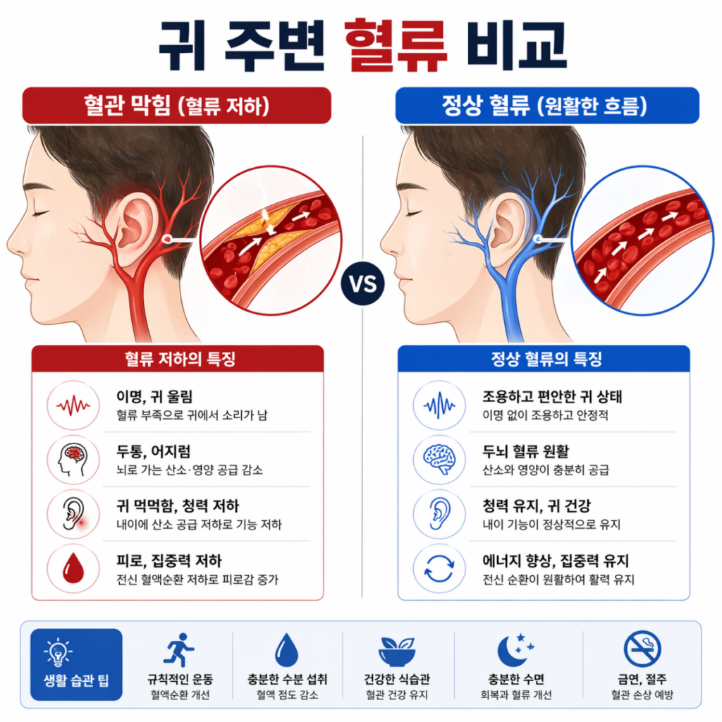 귀 주변 혈관 막힘과 정상 혈류 비교 이미지