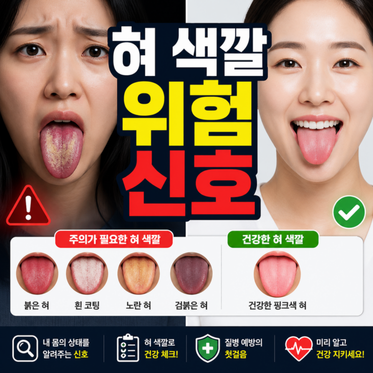 혀 색깔 변화로 건강 이상을 비교한 이미지 (위험 신호 vs 정상 상태)