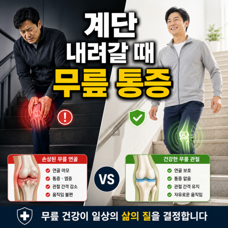 계단 내려갈 때 무릎 통증과 관절 건강 이상 신호를 표현한 건강 썸네일