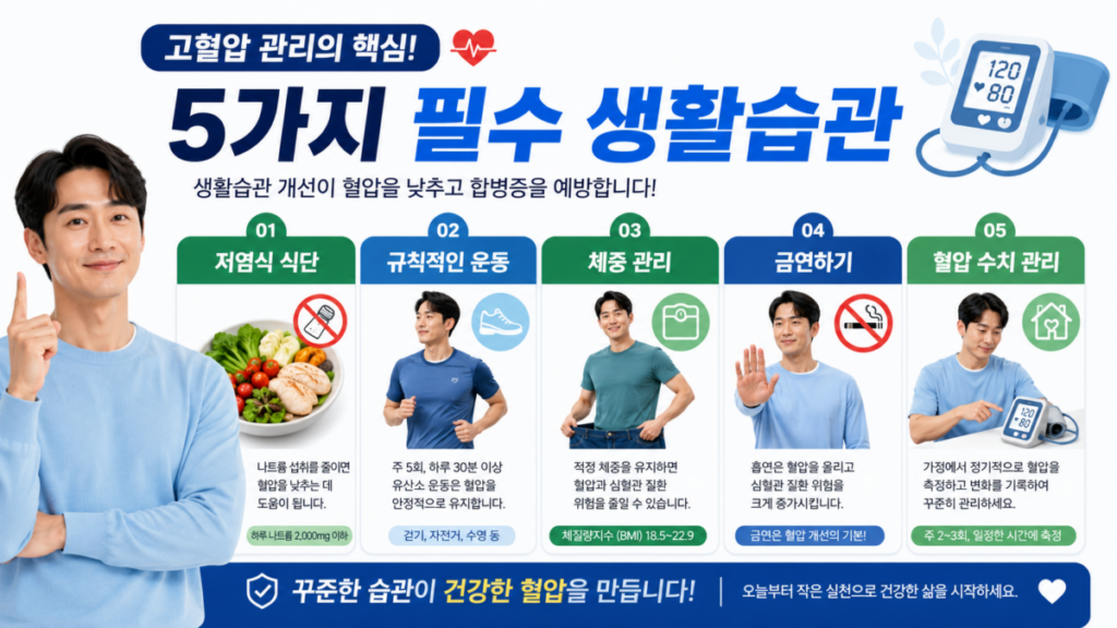 고혈압 치료 관리를 위한 저염식, 운동, 체중 관리, 금연, 혈압 측정 방법 인포그래픽