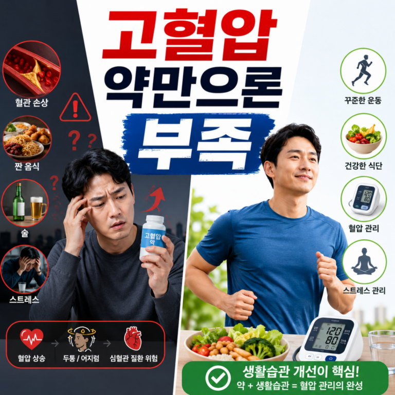고혈압 약 복용만 하는 모습과 생활습관 관리까지 실천하는 모습을 비교한 건강 이미지