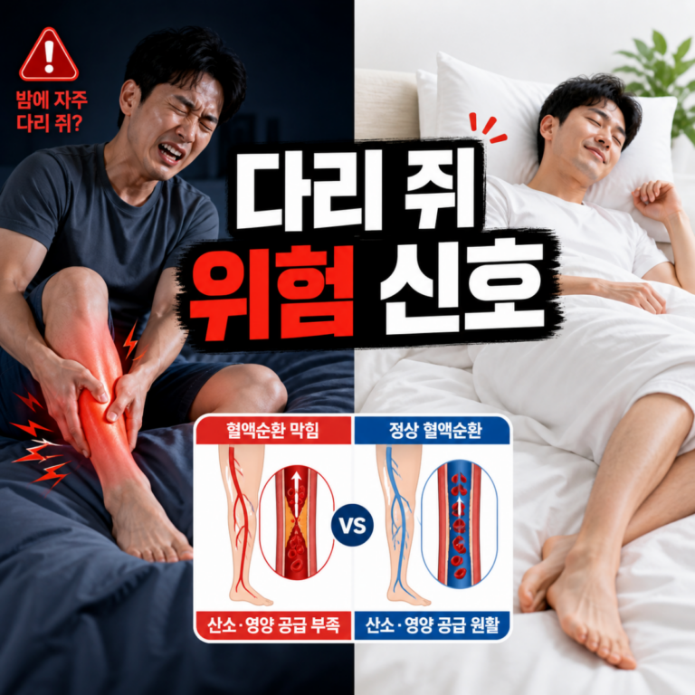 밤에 다리 쥐와 정상 상태 비교, 혈관 문제 경고 이미지