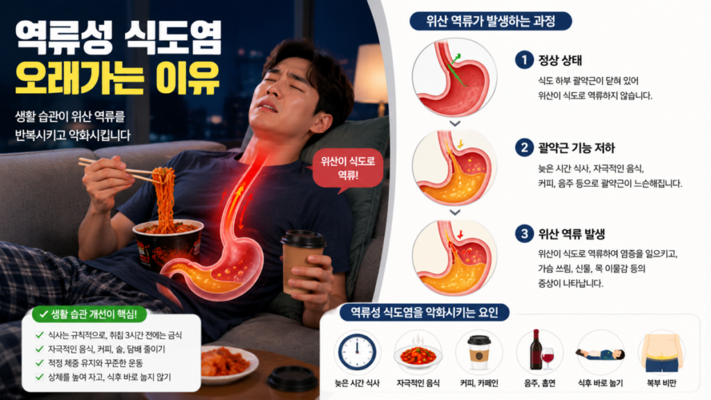 역류성 식도염 치료가 필요한 야식과 잘못된 생활습관으로 위산이 식도로 역류하는 모습