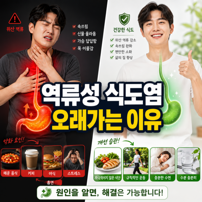 역류성 식도염이 오래 지속되는 원인과 치료 전후를 비교한 건강 일러스트