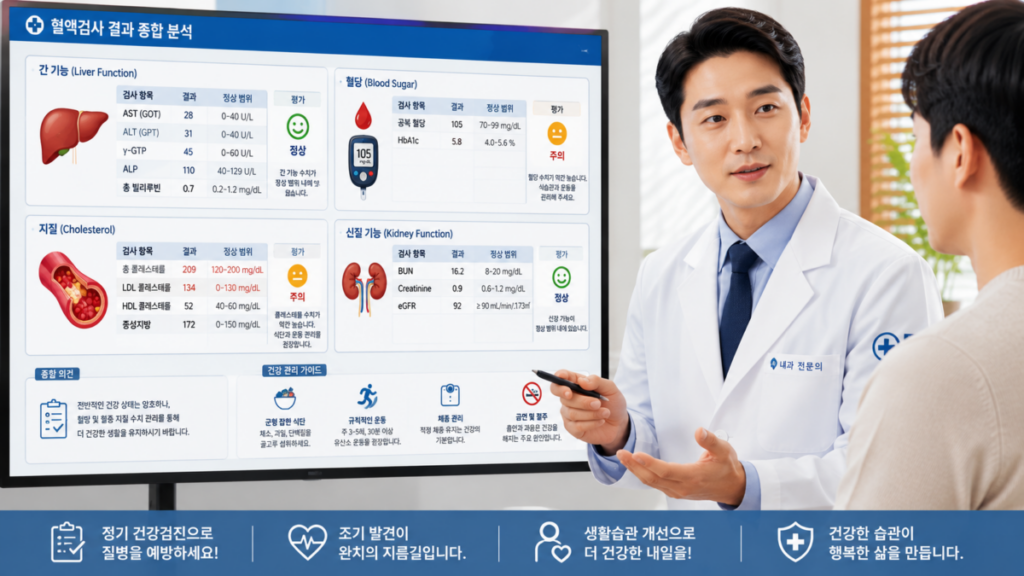 혈액검사 수치 이상으로 의사가 혈액검사 결과를 분석하며 주요 건강 수치를 설명하는 모습