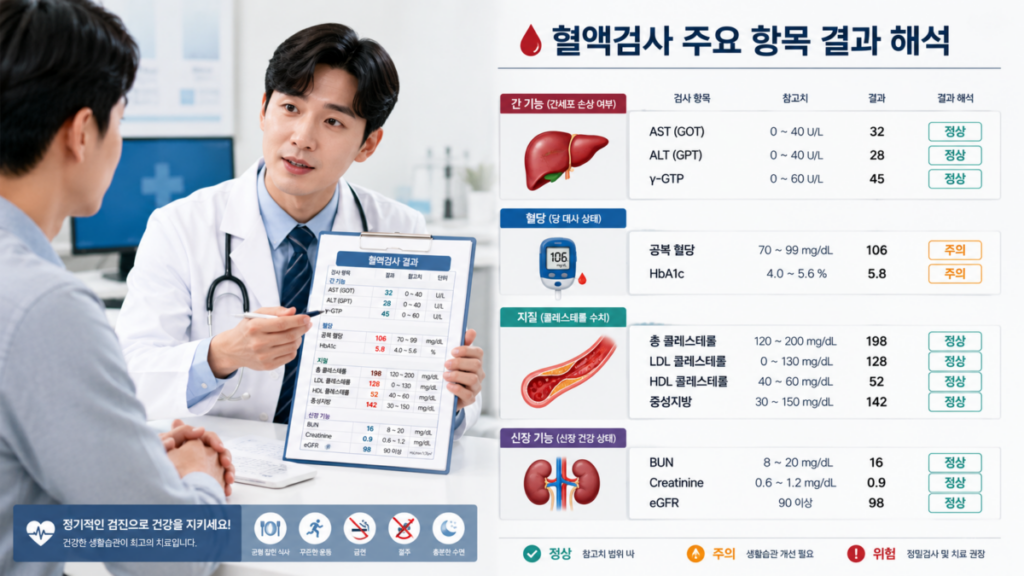건강검진 결과표를 의사가 주요 건강 수치를 설명하는 모습
