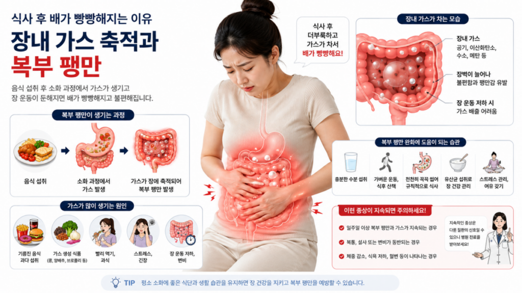 식사 후 배가 유난히 빵빵해져서 가스 증가와 복부 팽만을 표현한 일러스트