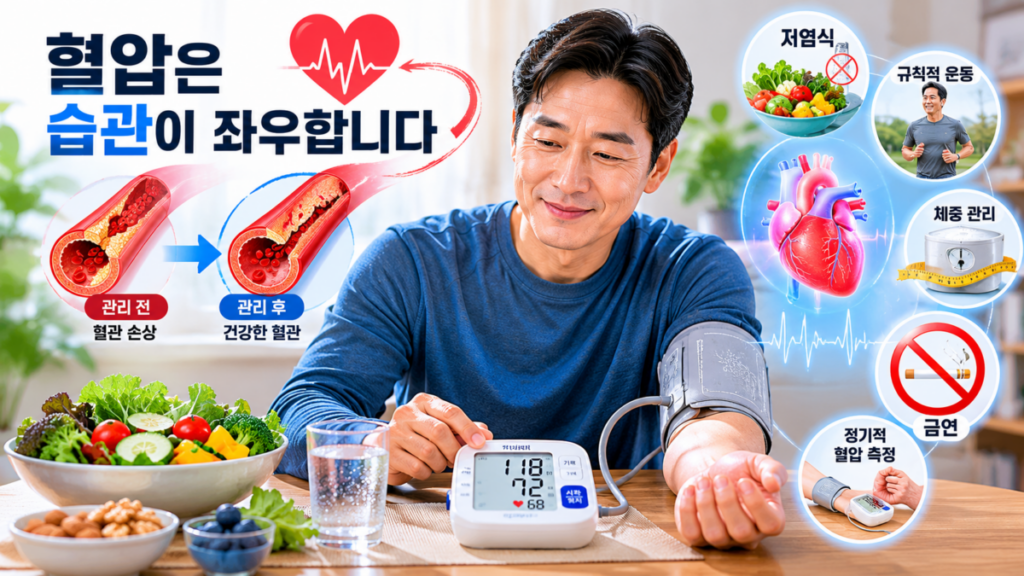 고혈압 치료 약만 먹으면 끝이아니라 집에서 혈압을 측정하며 건강한 식습관을 실천하는 모습의 건강 관리 이미지