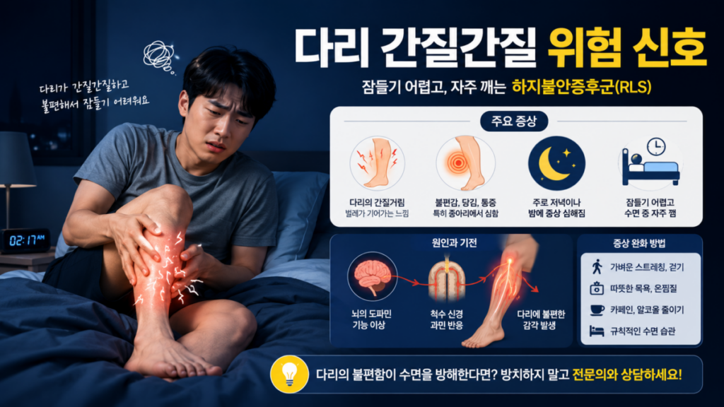 밤마다 다리가 간질간질한 증상인 하지불안증후군으로 잠들기 어려운 모습