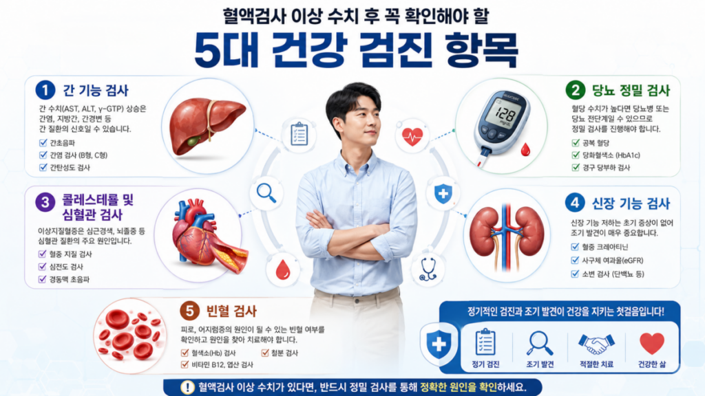 혈액검사 이상 시 확인해야 할 간 건강, 혈당, 콜레스테롤, 신장 기능, 빈혈 검사 안내 이미지