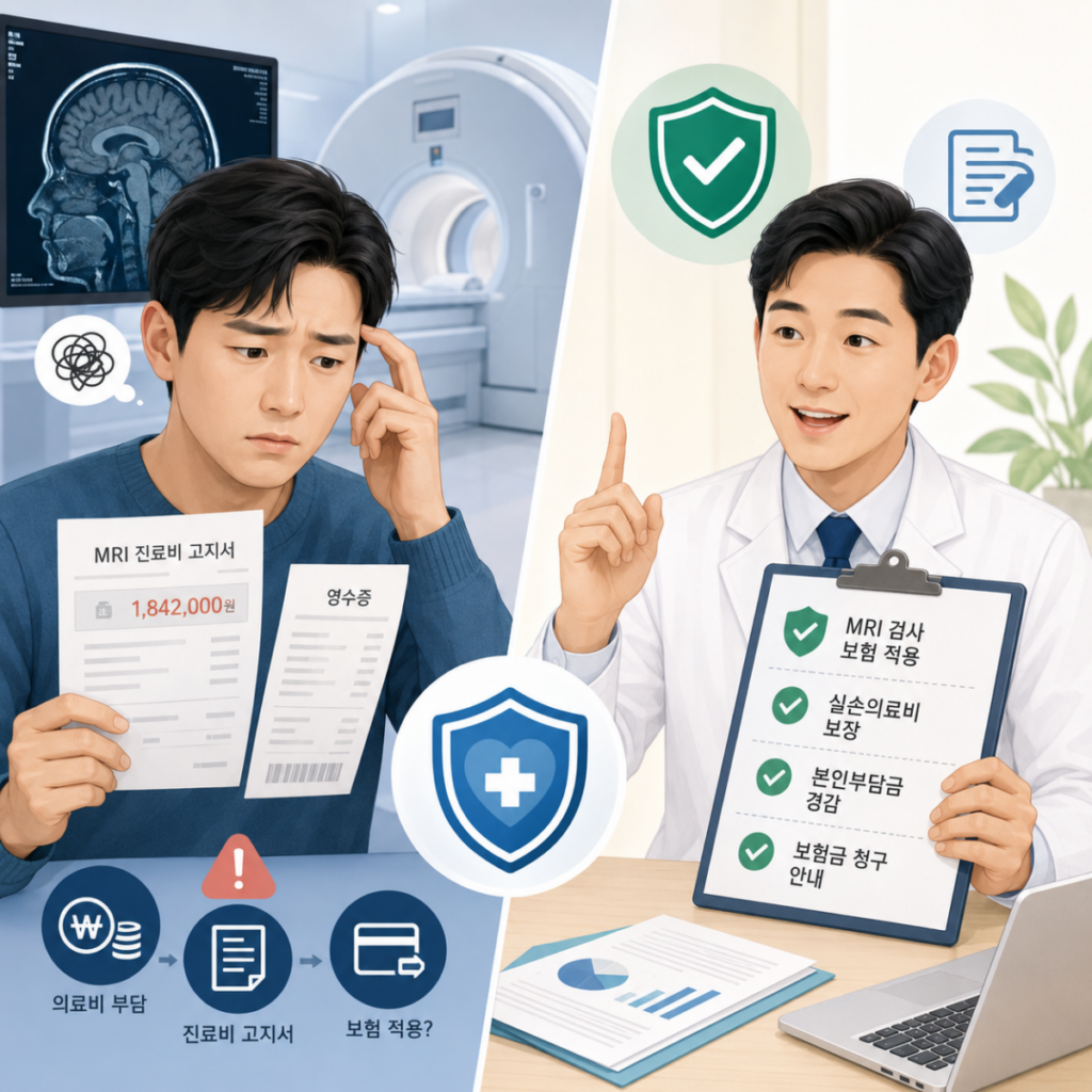 MRI 검사 비용과 보험 적용 범위를 설명하는 의료 보험 안내 이미지