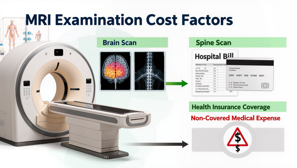 MRI 검사 비용이 촬영 부위와 보험 적용 여부에 따라 달라지는 구조를 설명한 이미지