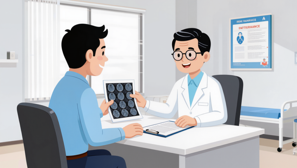 MRI 검사 후 건강보험과 실손보험 적용 여부를 상담하는 환자와 의사 이미지
