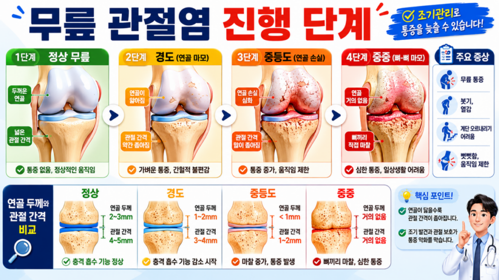 무릎 관절염 진행 단계와 연골 손상 정도를 비교한 의료 인포그래픽