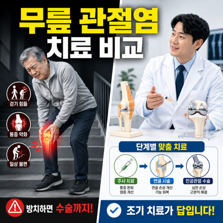 무릎 관절염 치료 방법 비교와 주사 치료 및 수술 치료를 설명하는 건강 썸네일