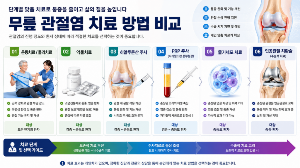무릎 관절염 치료부터 인공관절 수술까지 치료 과정을 비교한 인포그래픽