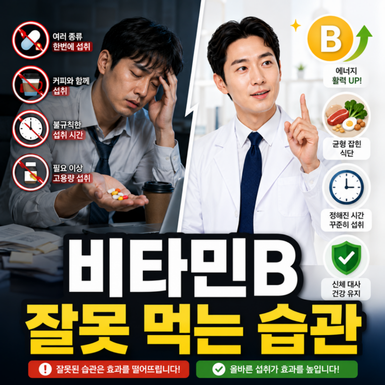 비타민B 복용 습관과 피로 회복 효과를 설명하는 건강 정보 이미지