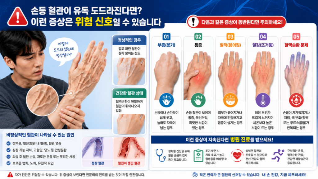 손등 핏줄과 함께 통증, 붓기, 피부색 변화가 나타날 때 확인해야 할 위험 신호 안내 이미지
