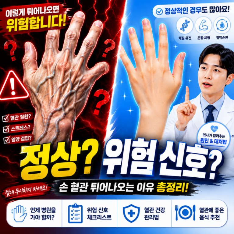손등 핏줄이 유독 튀어나왔을 때 정상인지 위험 신호인지 설명하는 건강 정보 이미지