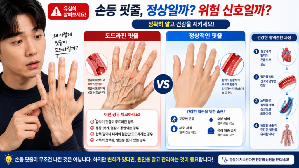 손등 핏줄이 튀어나오는 정상적인 원인과 혈관이 잘 보이는 이유를 설명하는 건강 정보 이미지