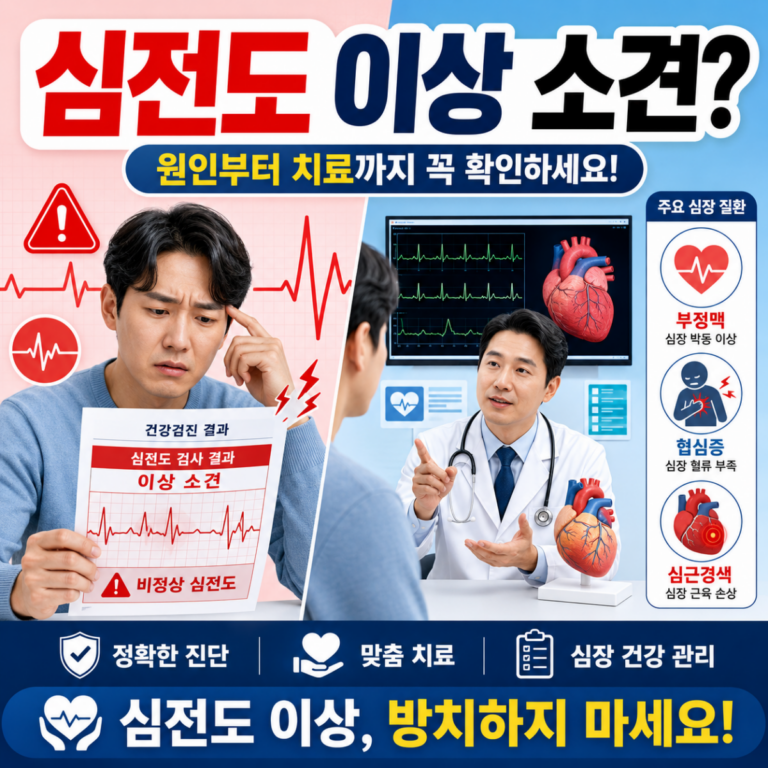 심전도 검사 이상 소견을 받은 사람이 심장내과 의사에게 결과 설명을 듣는 이미지