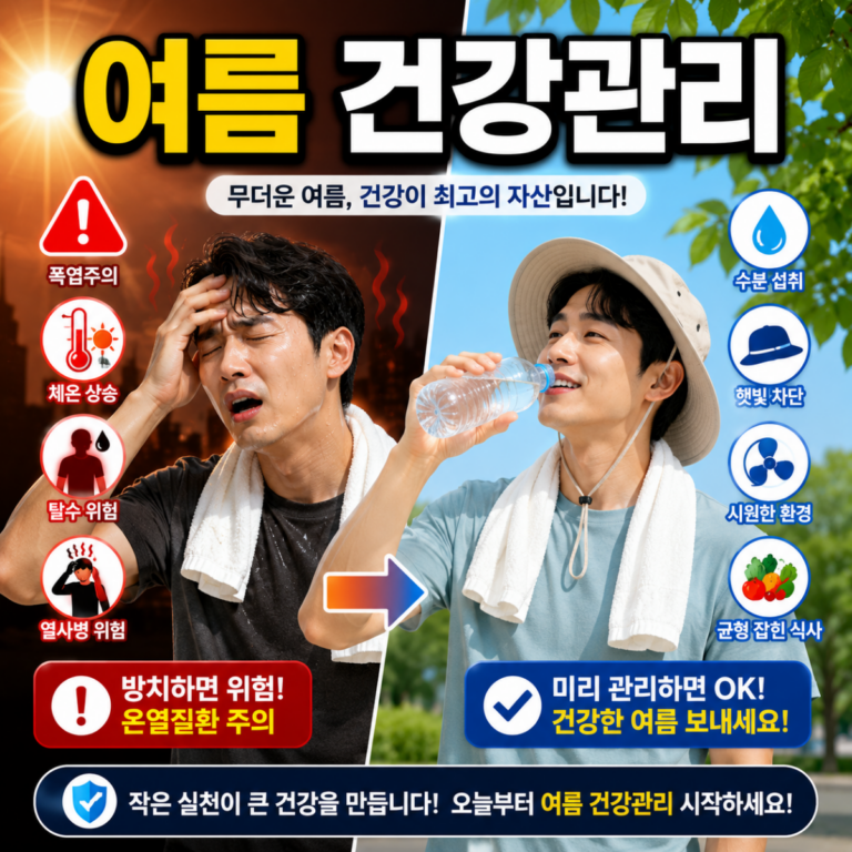 여름 건강관리 방법과 폭염·탈수 예방 수칙을 설명하는 건강 정보 썸네일