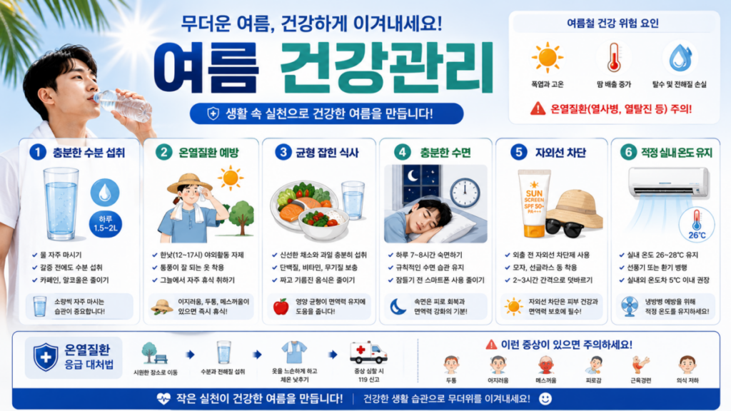 여름 건강관리 핵심 수칙인 수분 섭취와 온열질환 예방 인포그래픽