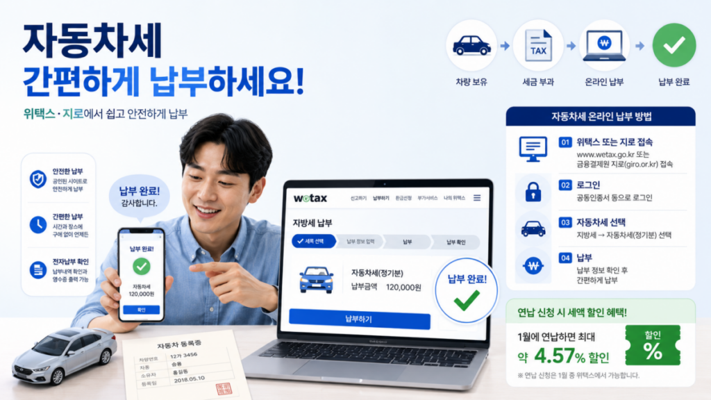위택스를 통한 자동차세 납부와 연납 할인 개념 이미지