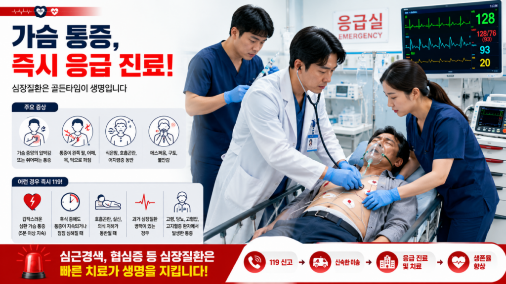 가슴 통증 환자를 응급실에서 진료하는 의료진 모습